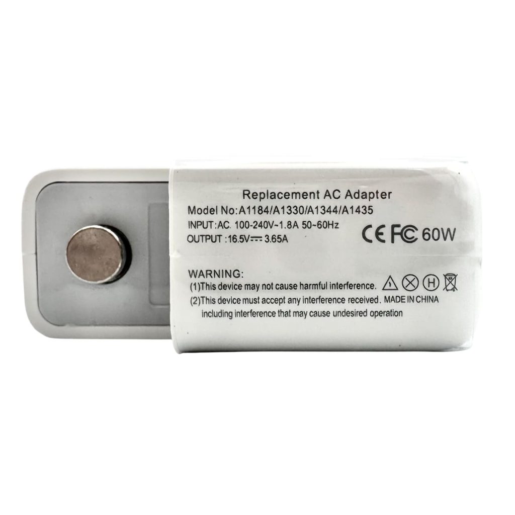 Label close-up on 60W MagSafe 2 replacement charger – Tbilisi, Georgia