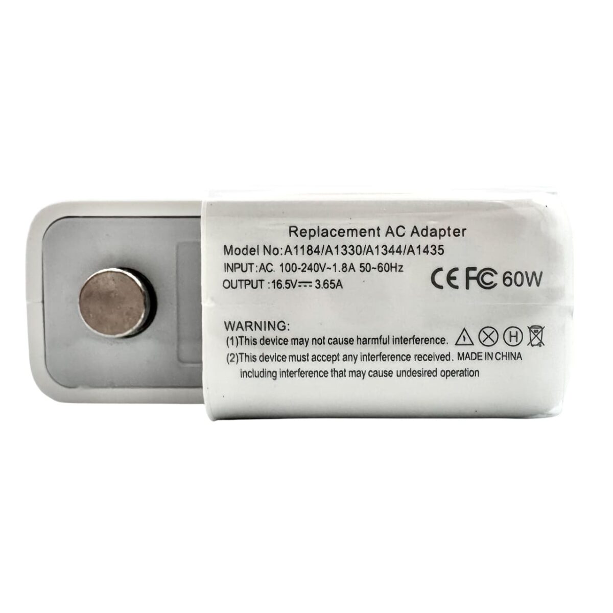 Label close-up on 60W MagSafe 2 replacement charger – Tbilisi, Georgia