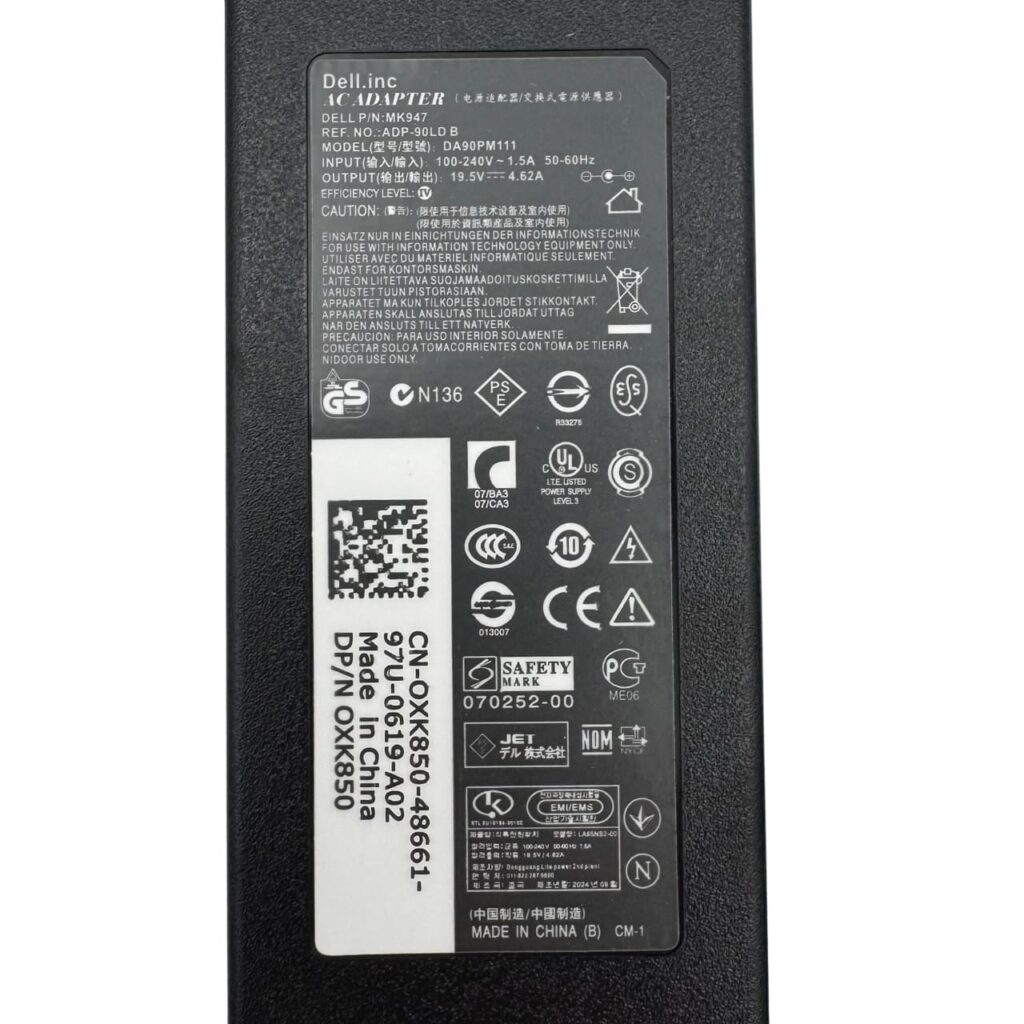 Label of Dell adapter 90W DA90PM111 MK947 for Dell laptops – Georgia