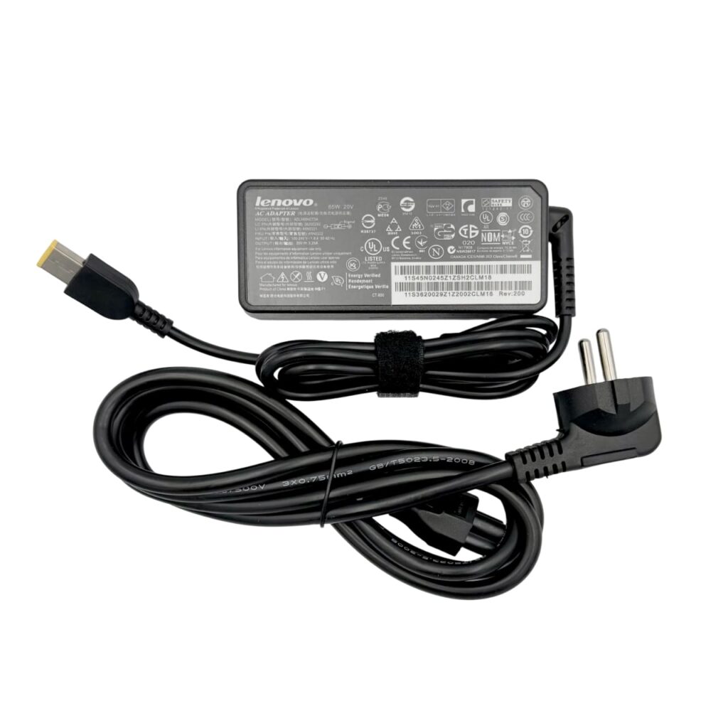 Complete Lenovo charger 65W with EU plug and yellow tip for multiple models – available in Georgia