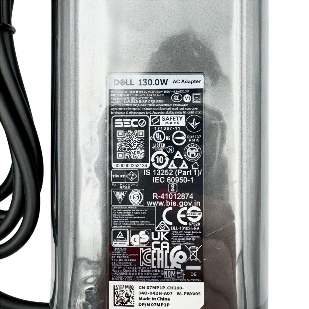 Label of Dell USB-C charger 130W DA130PM170 with EU plug – Tbilisi