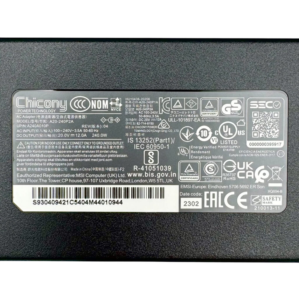 Label of MSI/Gigabyte charger A20-240P2A 20V 12A 240W original – Tbilisi