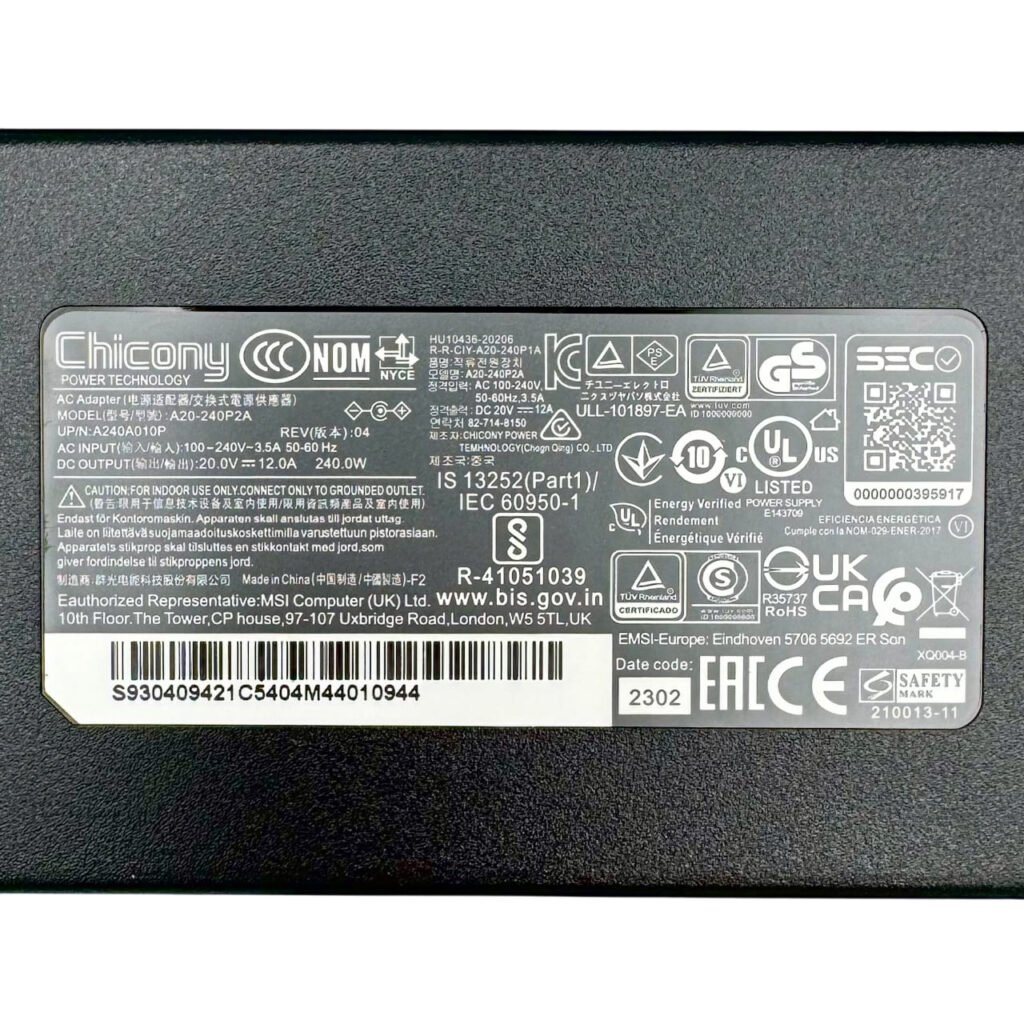 Label of original MSI power adapter A20-240P2A 20V 12A – Tbilisi