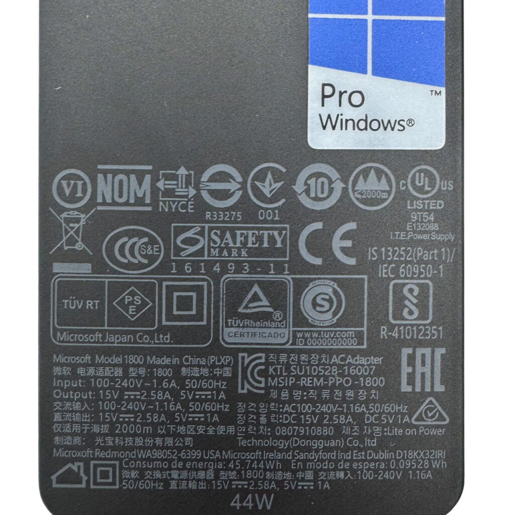 Close-up of Microsoft Model 1800 44W Label – Surface Adapter