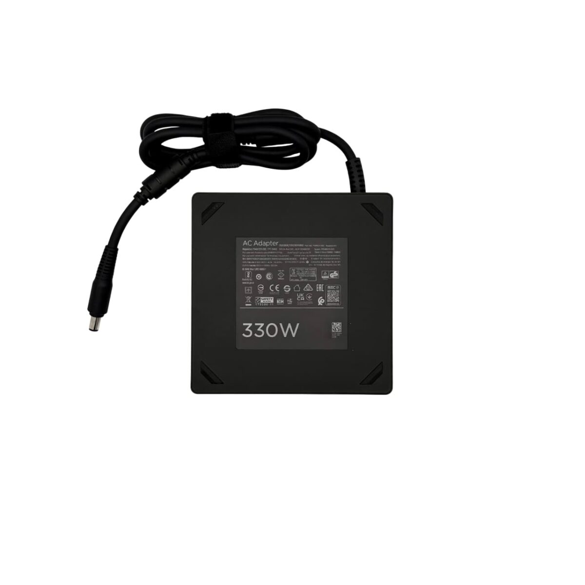 Top view of HP 330W power adapter with bundled EU plug – available in Georgia