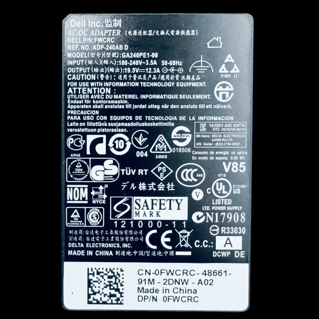 Dell FWCRC 240W charger label – 19.5V 12.3A 7.4×5.0mm, FixLaptop Tbilisi