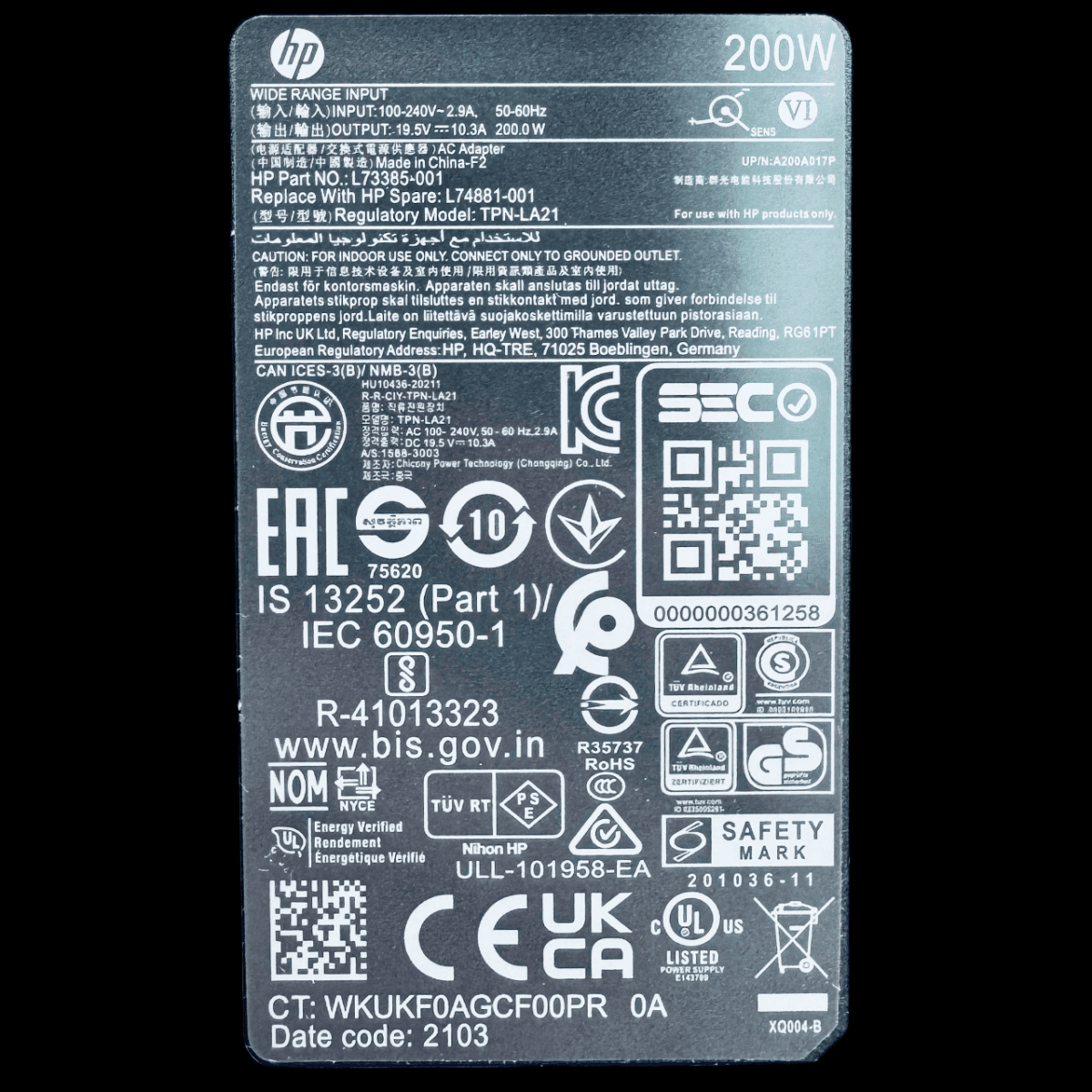Label of HP 200W 4.5x3.0mm Laptop Charger – Original HP Adapter Georgia