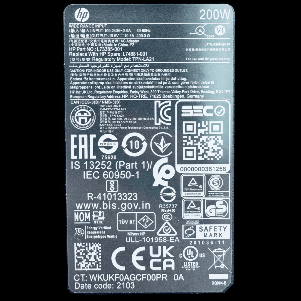 Label of HP 200W 4.5x3.0mm Laptop Charger – Original HP Adapter Georgia